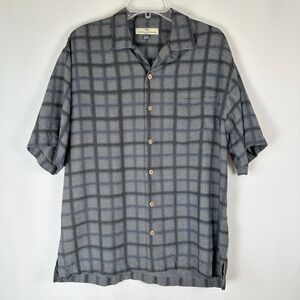 Tommy Bahama 100% Silk Shirt Mens M Gray Black Plaid Button-Up Camp Shirt Preppy